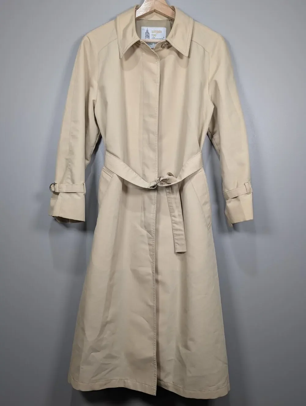 London Fog Trench Coat Womens 12 Petite Beige Tan Belted Long Rain Jacket...